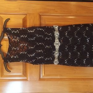 * City Triangles Black Lace Formal Long Dress Silver Sequin Size 11 Jrs Like New